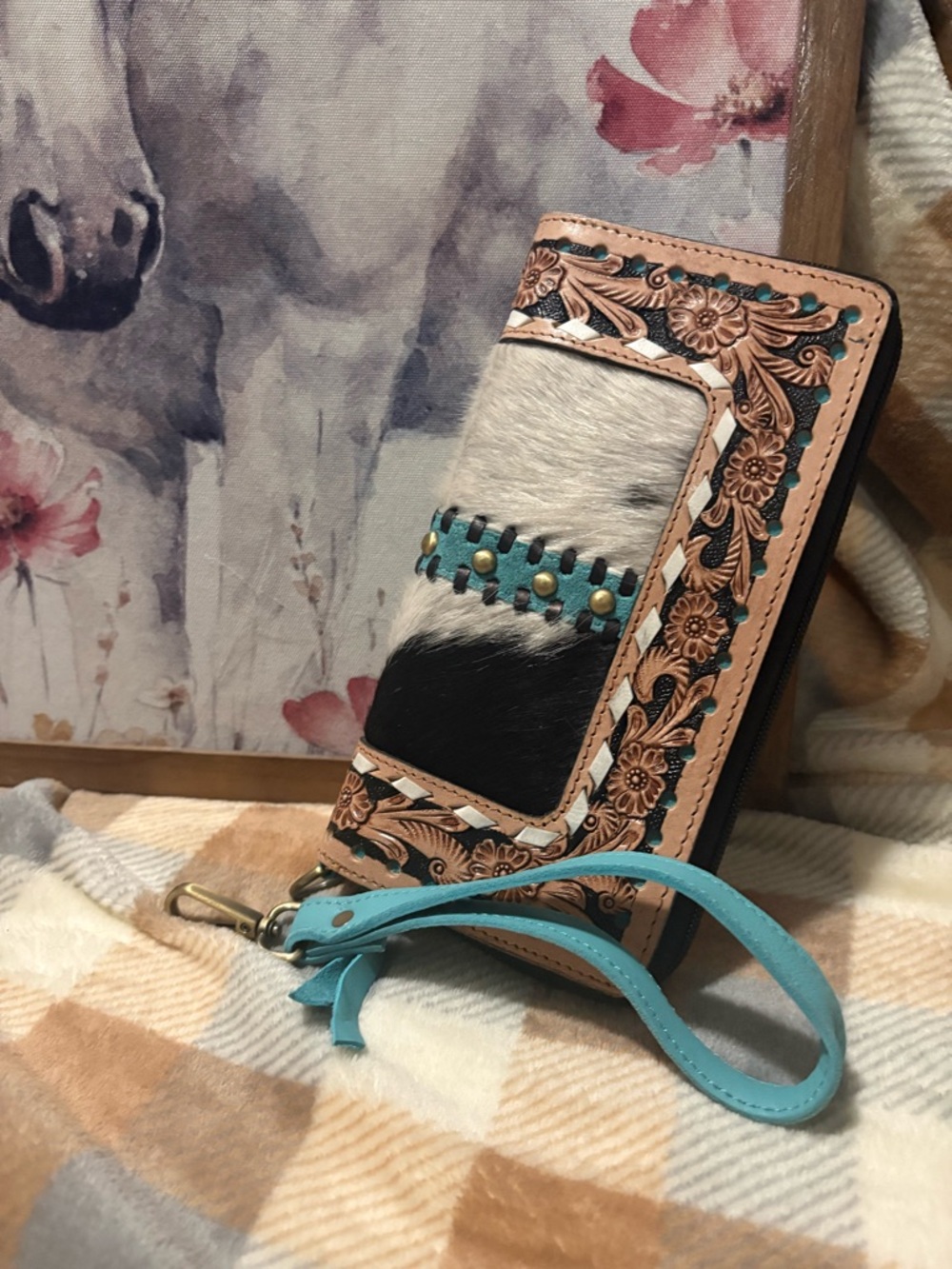 Turquoise Accent Floral Tooled Leather Wristlet Wallet
